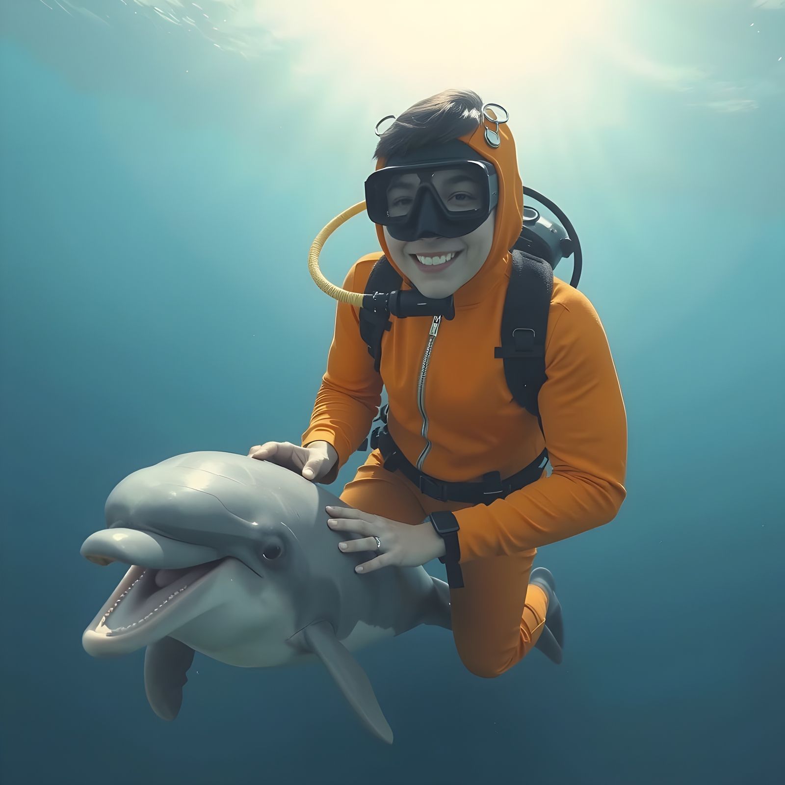 Diver and Dolphin in Muted Blue Palette