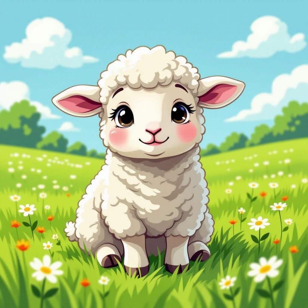 Worried Lamb in Whimsical Cartoon Meadow