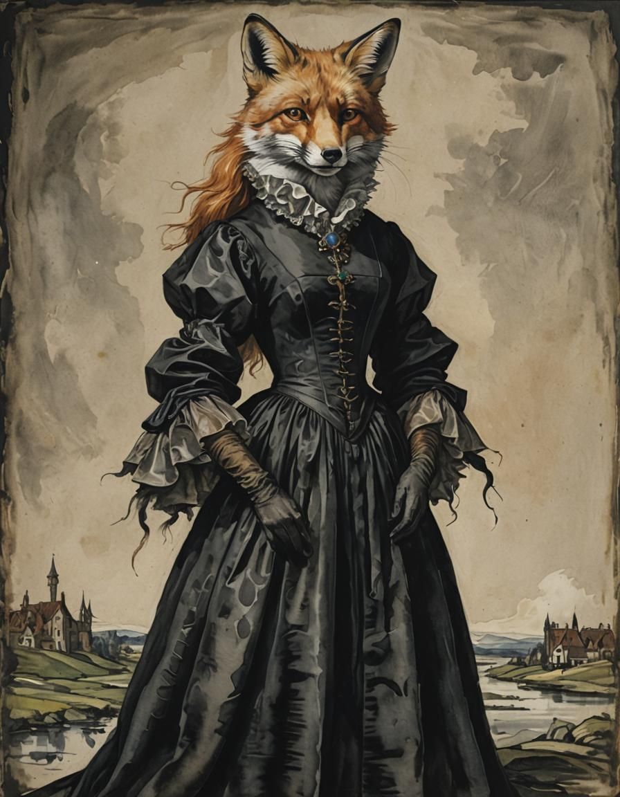 Fox in Black Dress: Gouache Impressionist Masterpiece
