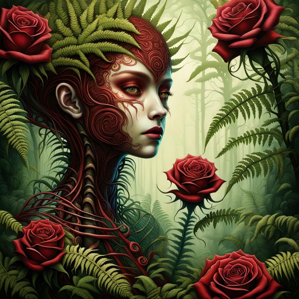 Biomechanical Forest Fusion: Rose and Fern in Vibrant Colors