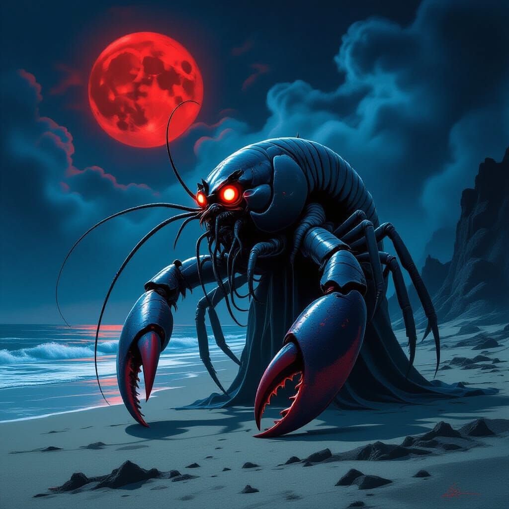 Gaunt Lobster Person on Desolate Beach