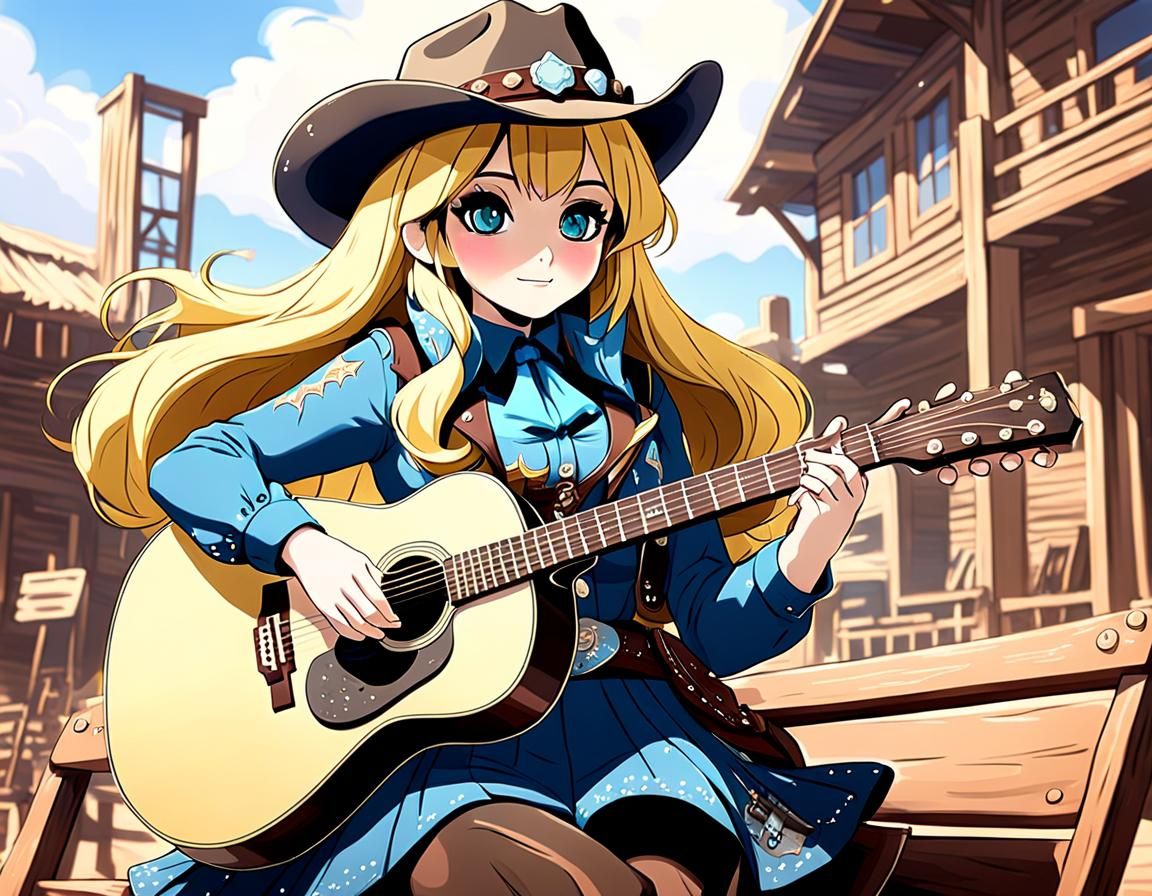 Anime Cowgirl Plays Guitar in Western Style