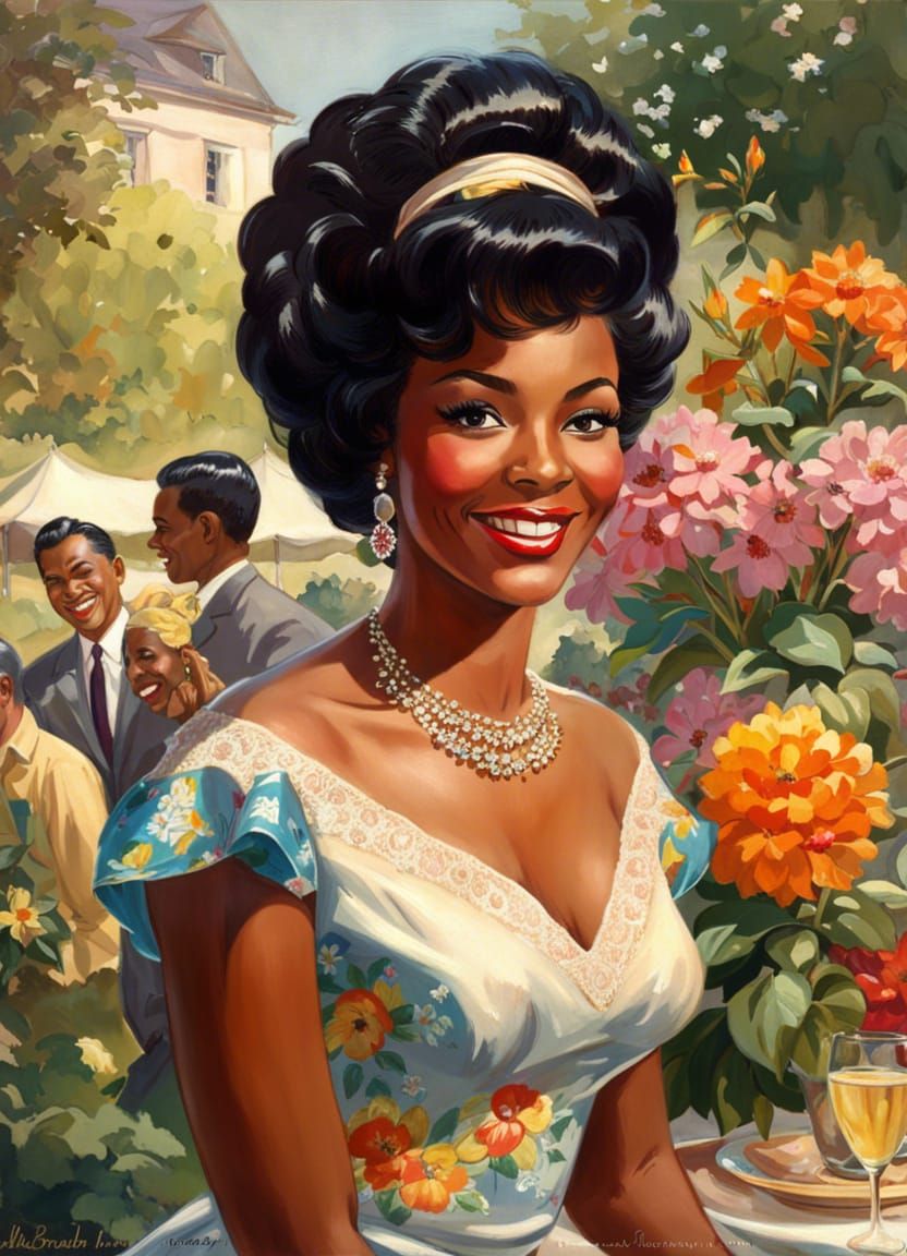 Smiling Black Woman at Garden Party, Art Nouveau Style