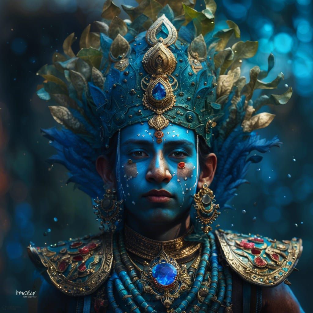 Detailed Portrait of Krishna in Jeweled Armor