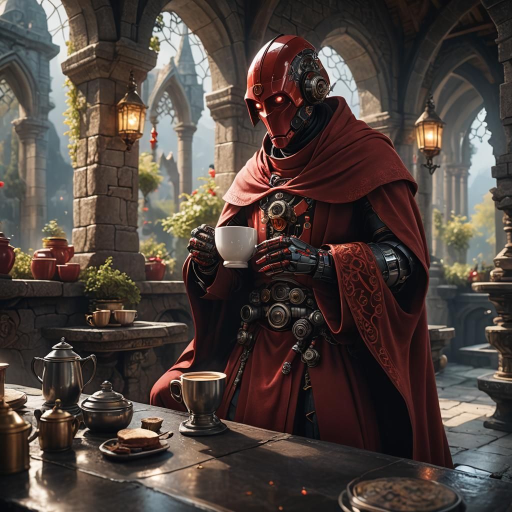Robot Monk Sipping Coffee in Fairy Castle