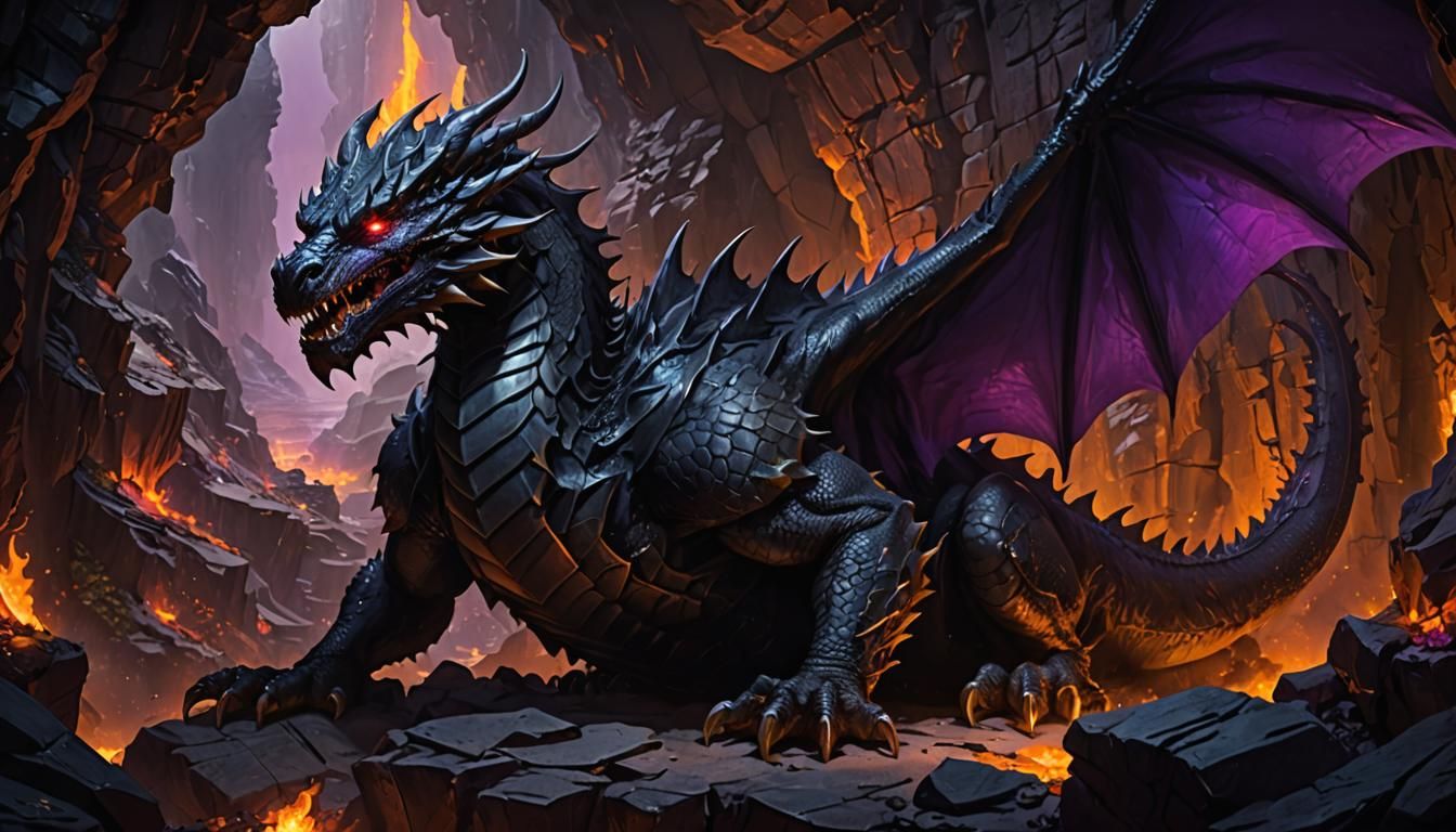 Colossal Black Dragon Asleep in Mountain Cavern