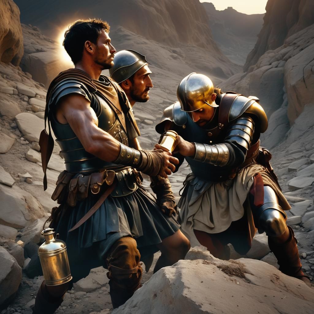 Weary Soldier Offers Water to Foes in Desolate Landscape