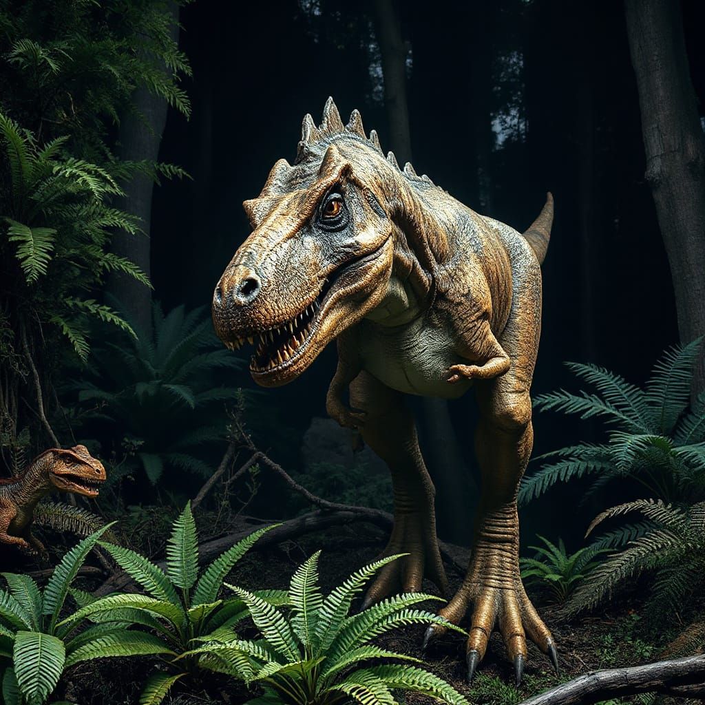 Allosaurus Hunting in Jurassic Jungle, Realistic Illustratio...