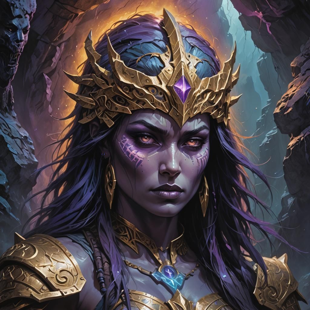 Fantasy Metal Art: Warrior Woman in Mystical Cave