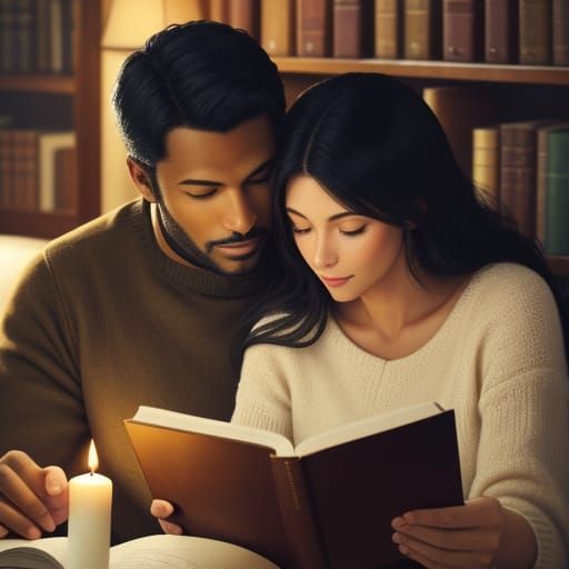 Loving Couple Reads Bible in Cozy Candlelit Library