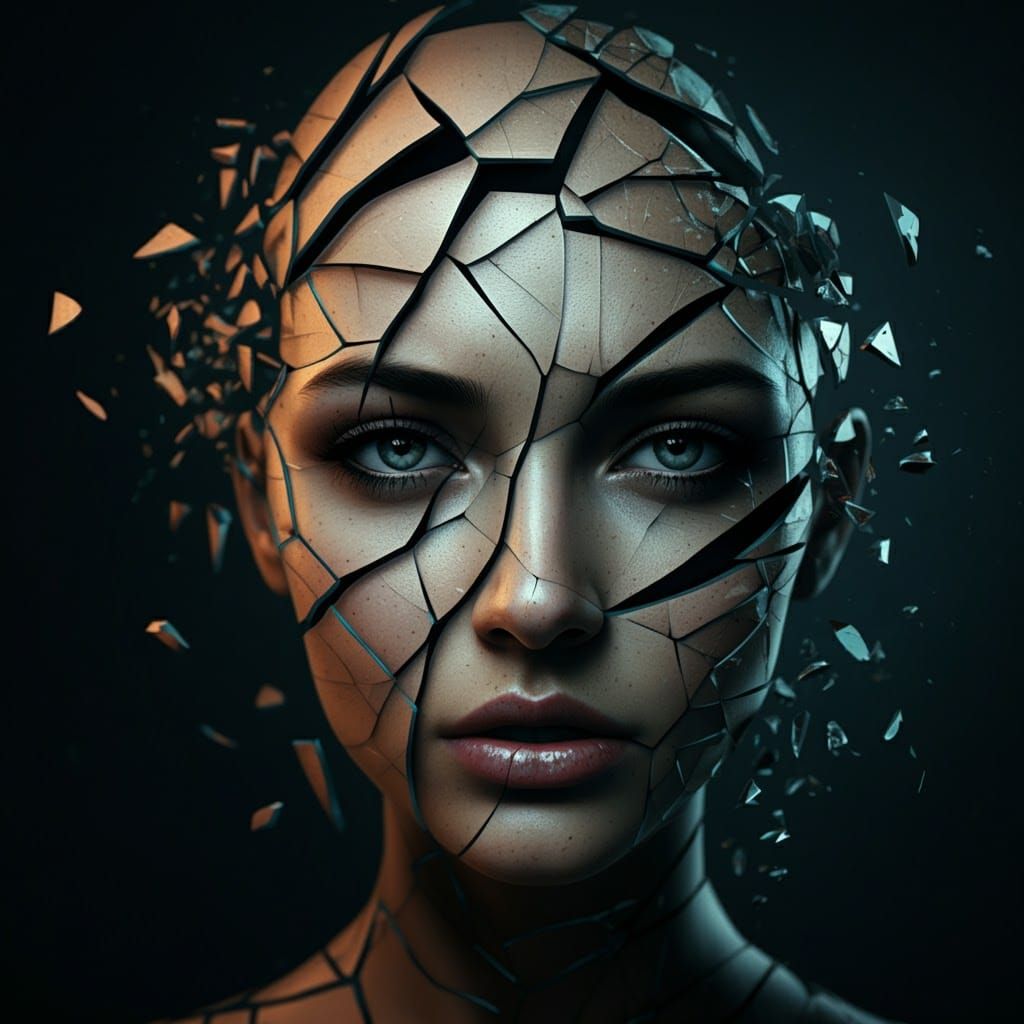 Shattered Visage: Woman's Face Breaks Like Glass