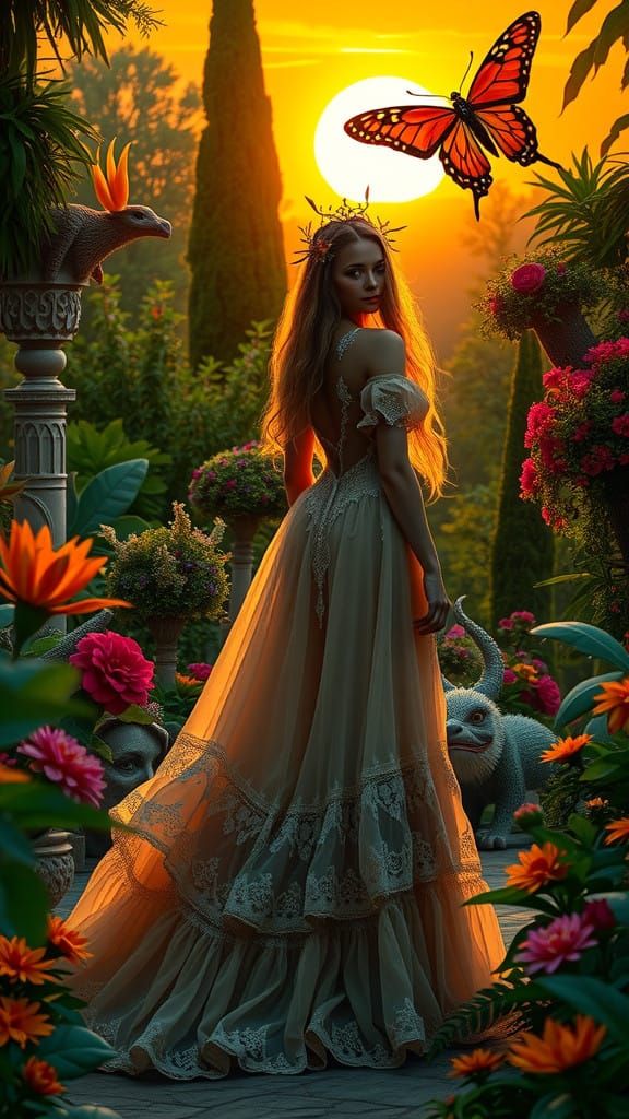 Enchanted Garden at Sunset, in Whimsical Symbolism Style