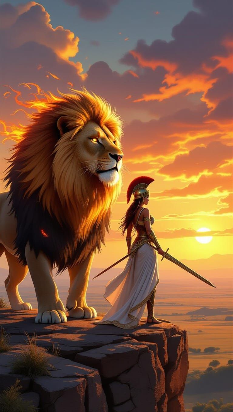 Fiery Lion and Greek Warrior Overlook Savannah