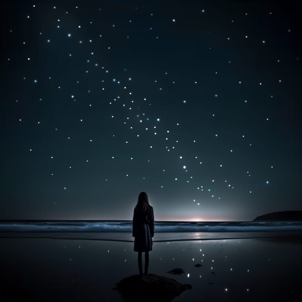 Lonely Woman Gazing at Starry Winter Night