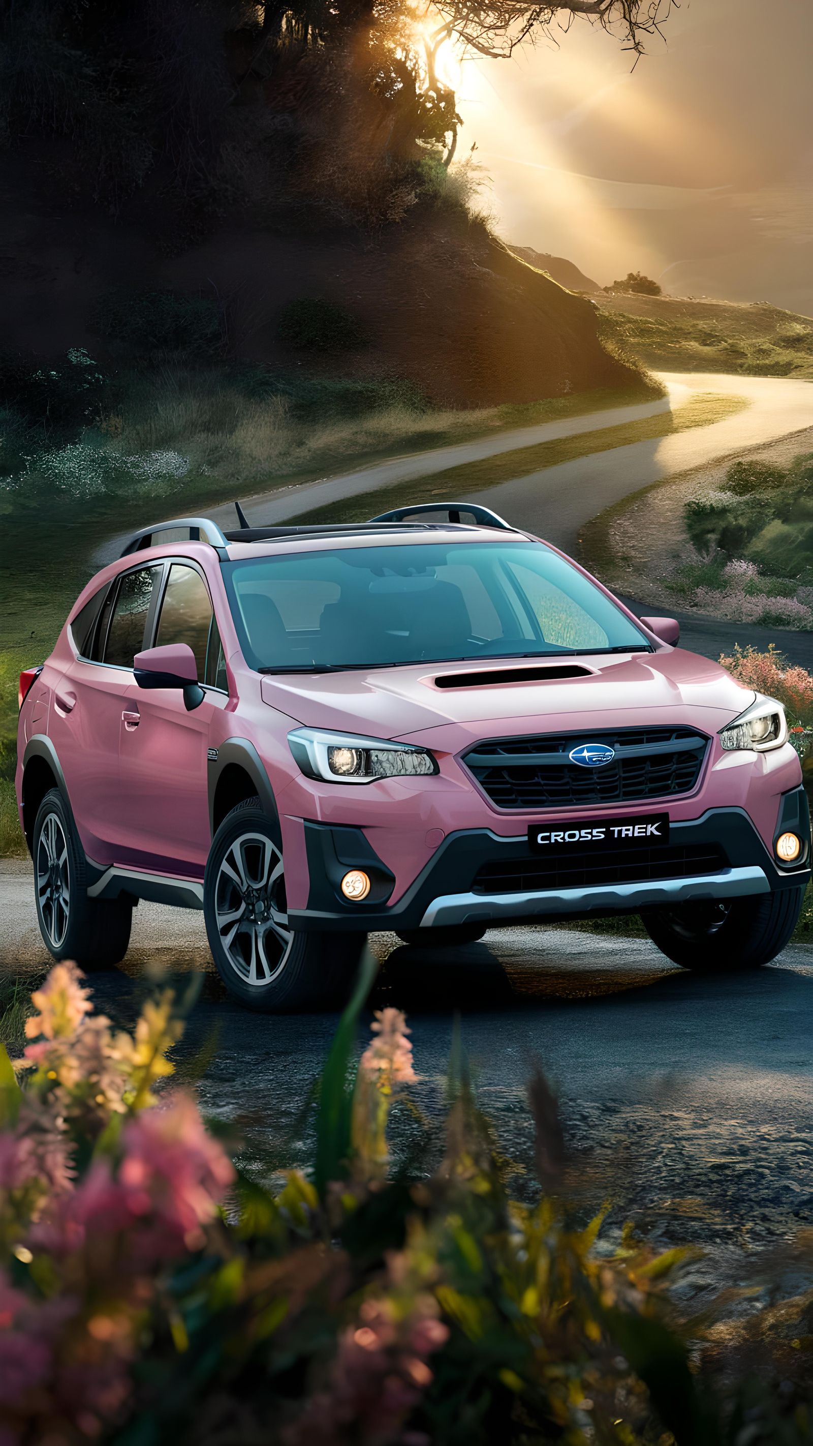 Bright Pink Subaru Cross Trek in Sunny Landscape