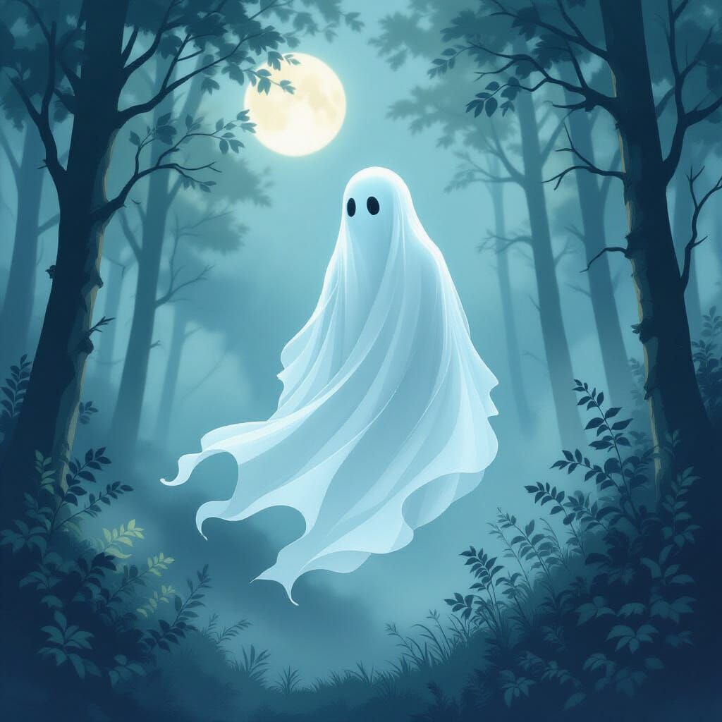 Ethereal Ghost in Moonlit Forest, Art Nouveau Style