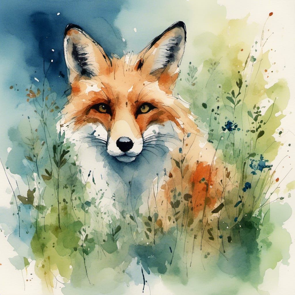 Ink and Watercolor Fox in Garden Setting