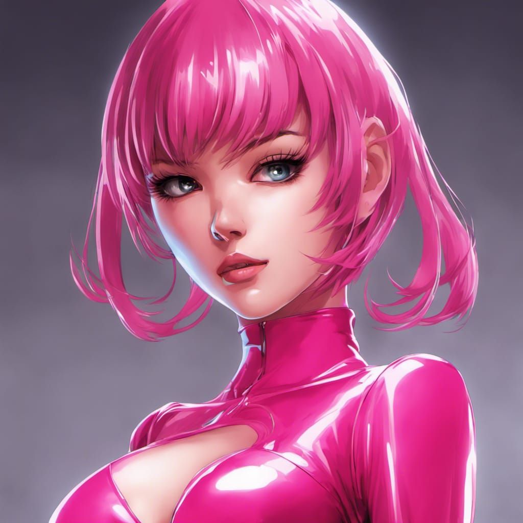 Anime Style Portrait: Confident Woman in Pink Latex