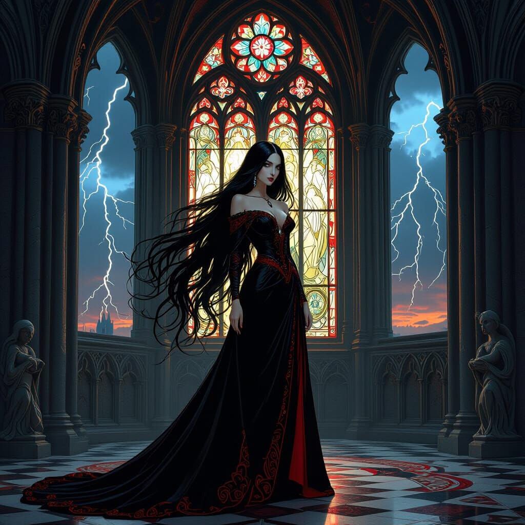 Mysterious Sorceress in Gothic Cathedral, Art Nouveau Style