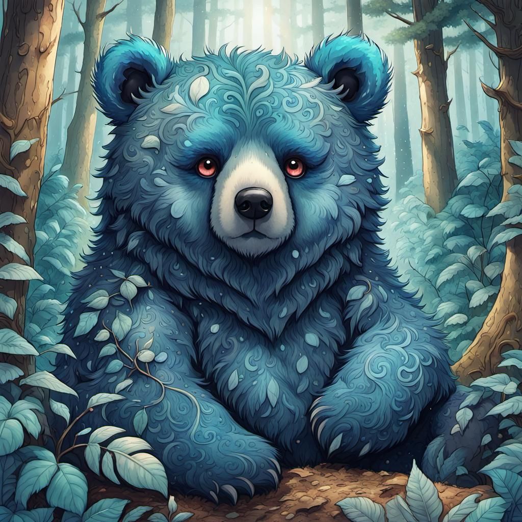 Adorable Fluffy Blue Bear in Magical Forest