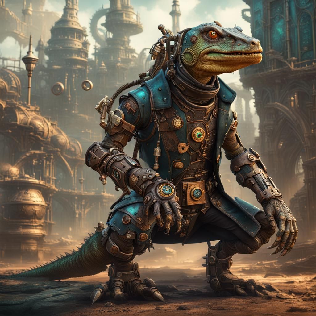 Steampunk Lizard Cyborg Technomancer: Detailed Fantasy Art