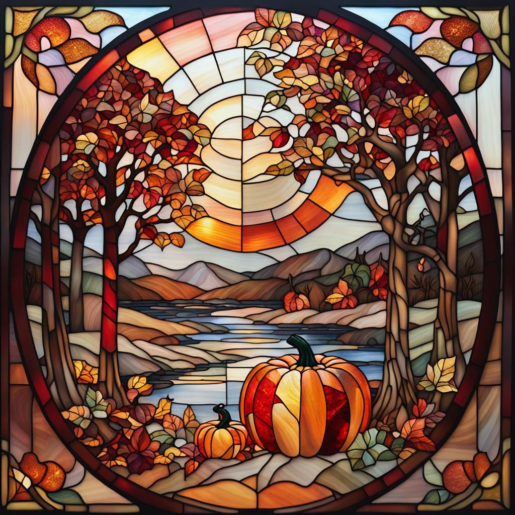 Stained Glass Autumn Landscape with Pumpkin and Mouse