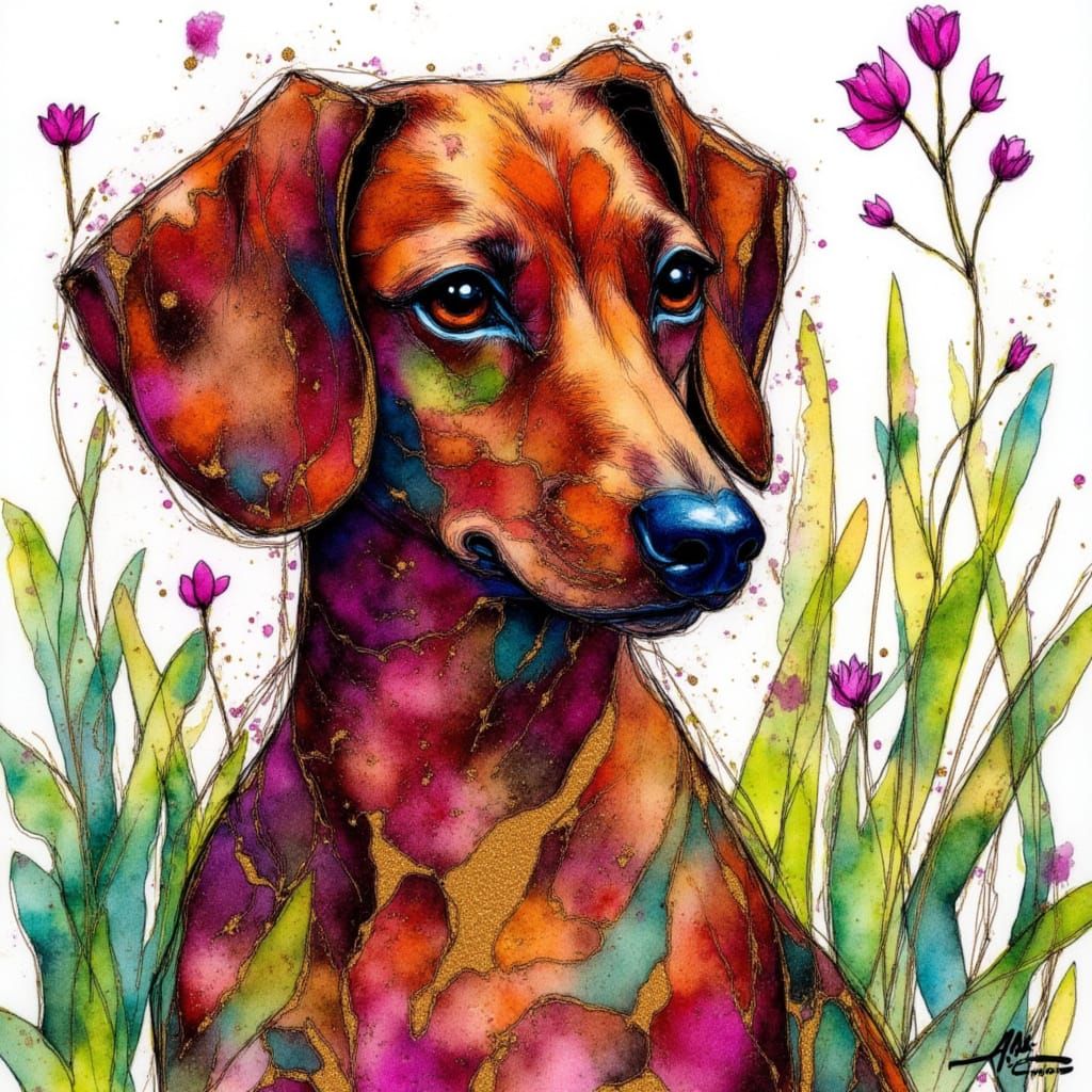 Colorful Dachshund in Spring Garden, Impressionist Alcohol I...
