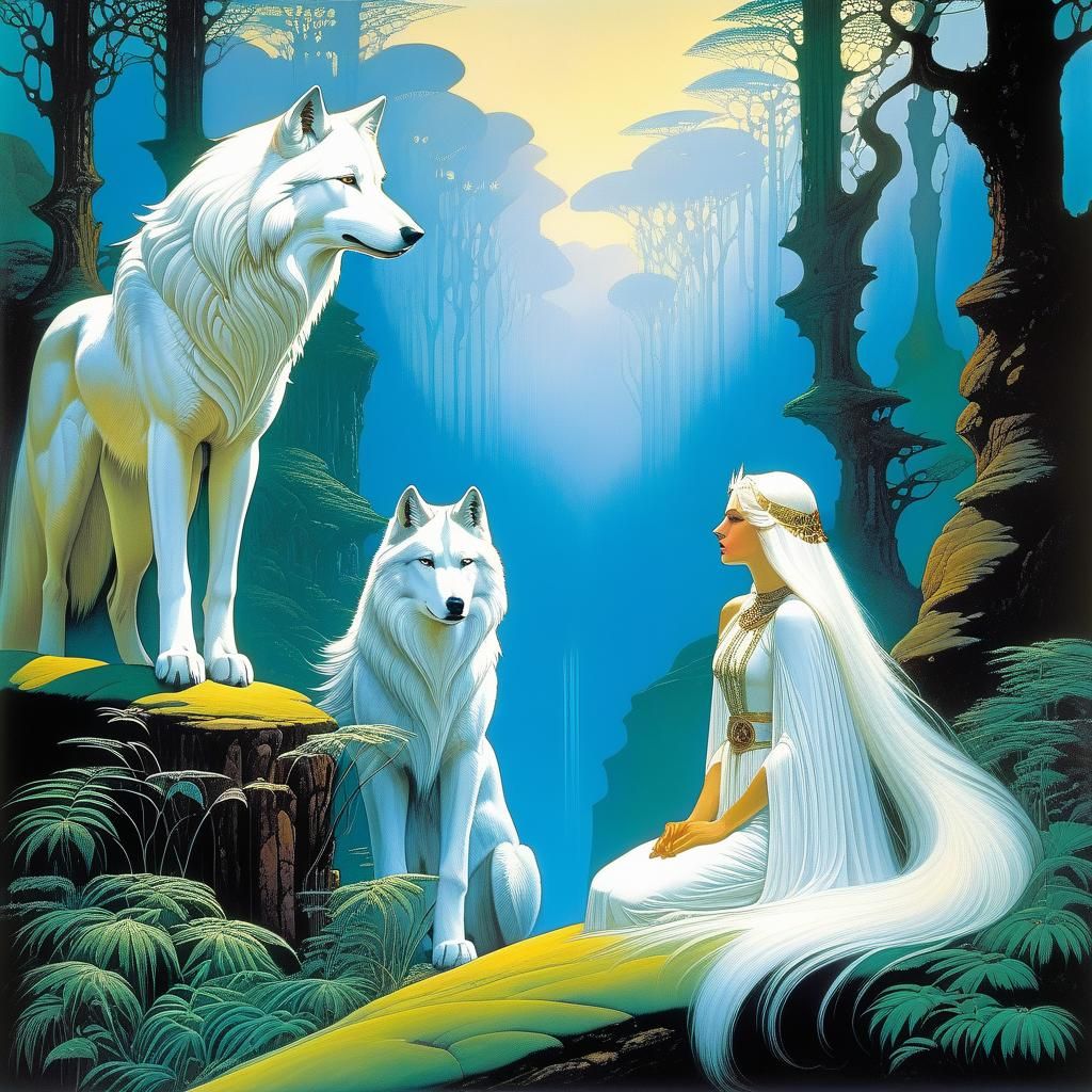 Gothic Woman and White Wolf, Roger Dean Style