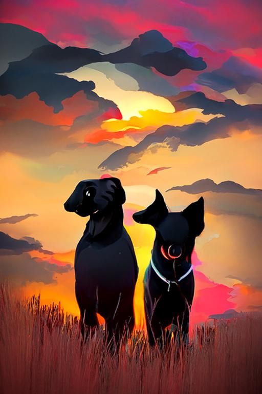 Black Dogs at Sunset: Digital Illustration