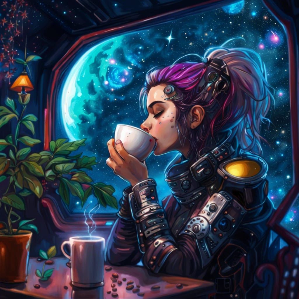 Cyberpunk Girl: Coffee in a Robot Space Cafe