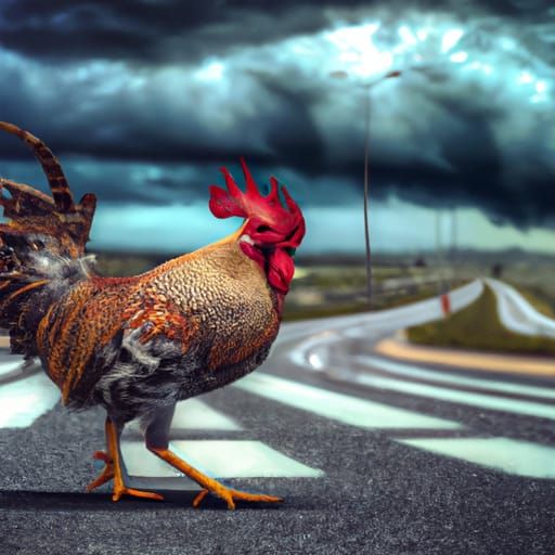 Photorealistic Chicken Crossing Road: Dramatic Digital Paint...