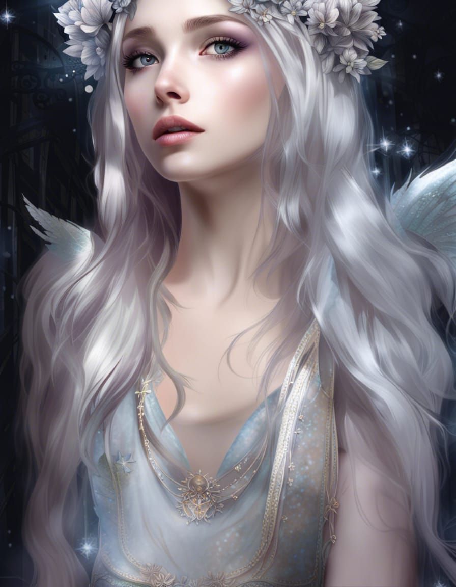 Silver Fairy Portrait with Floral Crown in Fantasy Garden