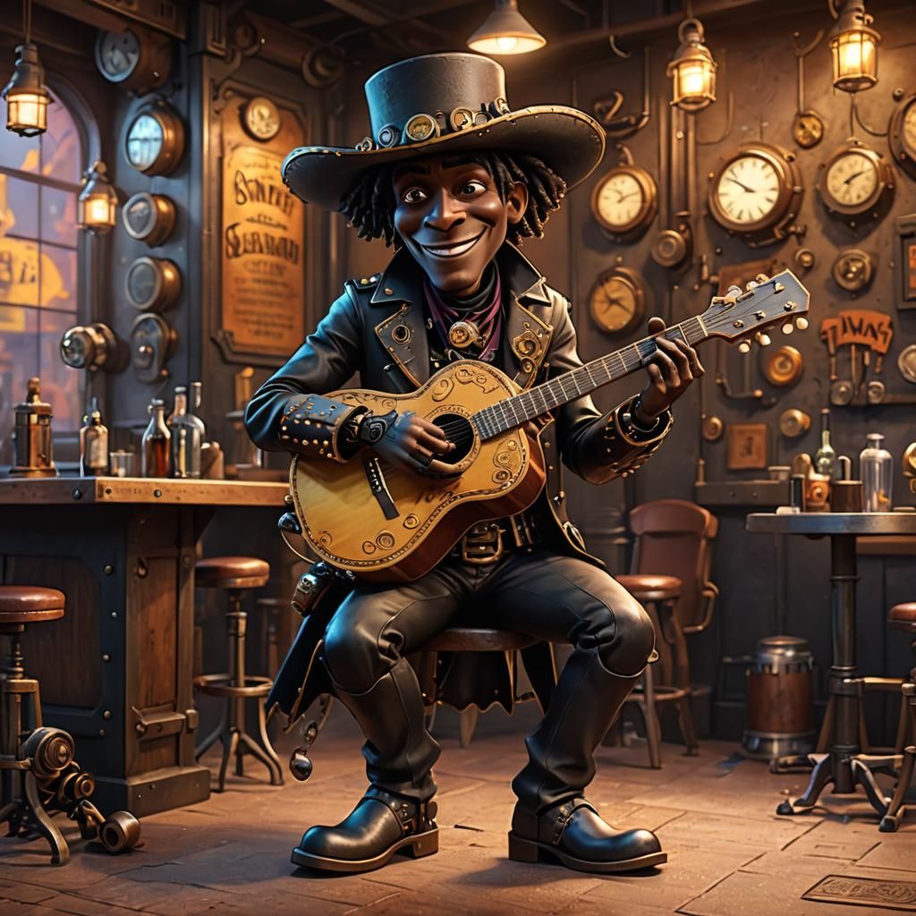 Steampunk Cowboy Guitarist in Honky Tonk Bar
