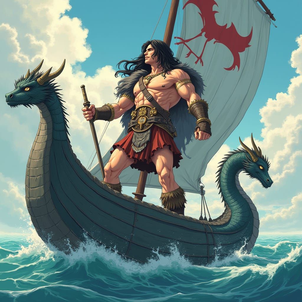 Conan the Barbarian on a Dragon Viking Ship