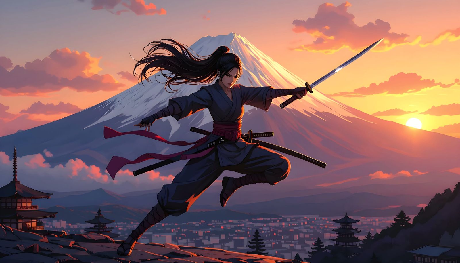 Ninja Warrior Poses Before Mount Fuji at Sunset