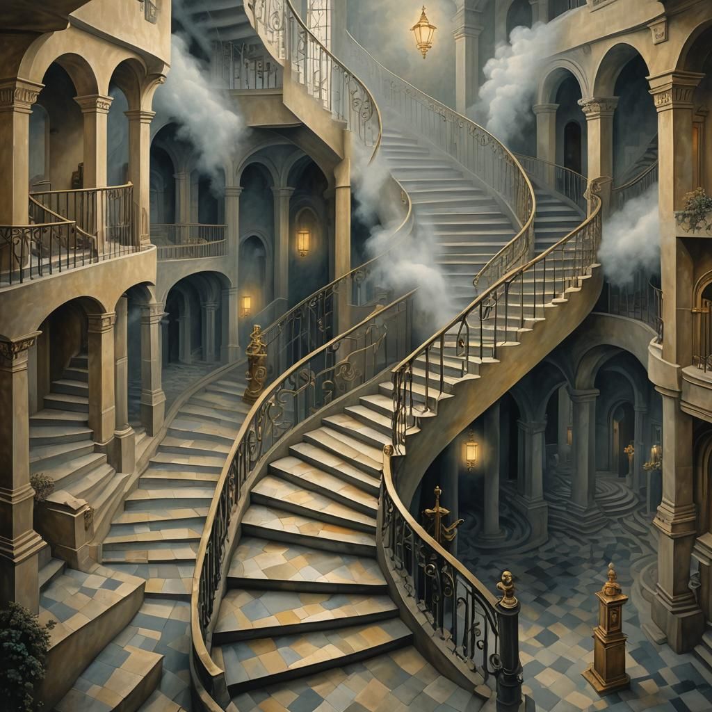 Endless Stairway Ascent in Dreamlike Surrealist Style