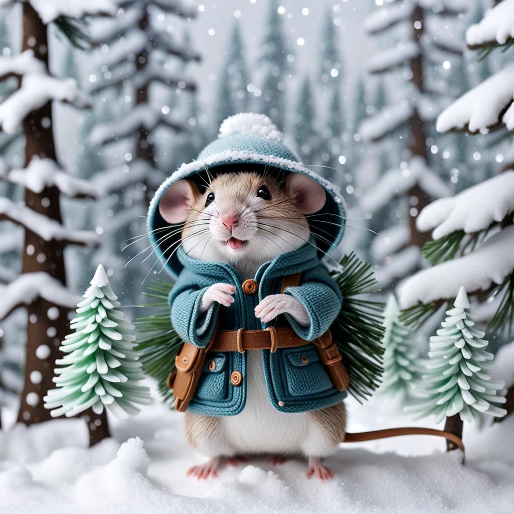 An adorable little traveler mouse in a blizzard with pine trees, with quilling white behind him.