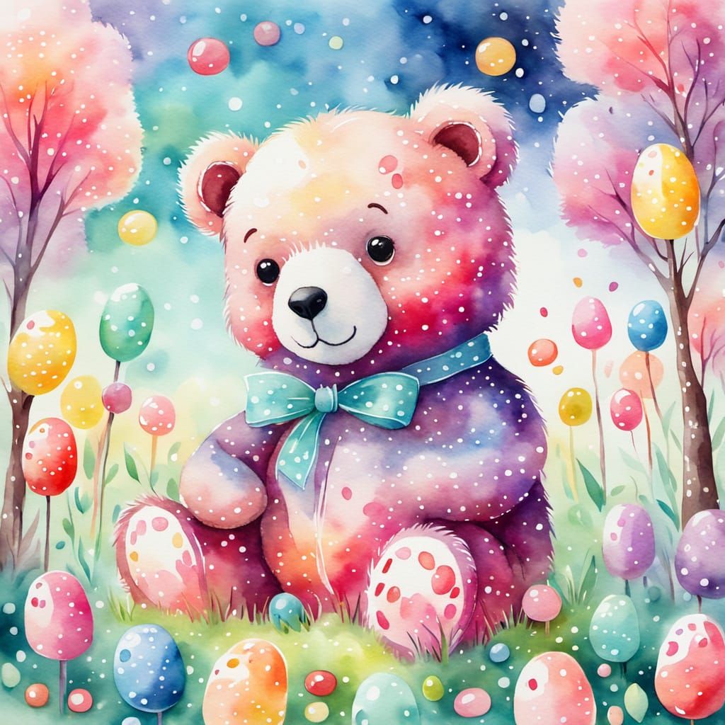 Jellybean Bear in Candy Meadow: Whimsical Watercolor