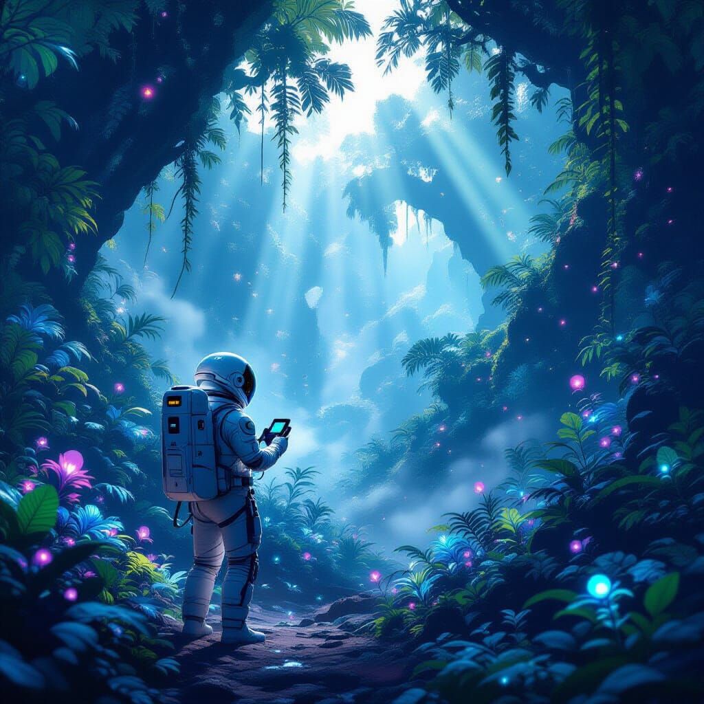 Astronaut in Bioluminescent Alien Jungle
