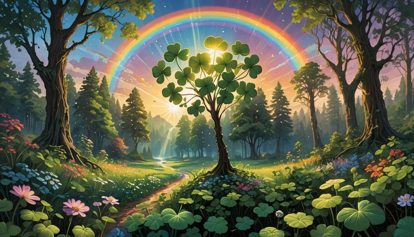Glowing Four-Leaf Clover with Rainbow: Fantasy Art