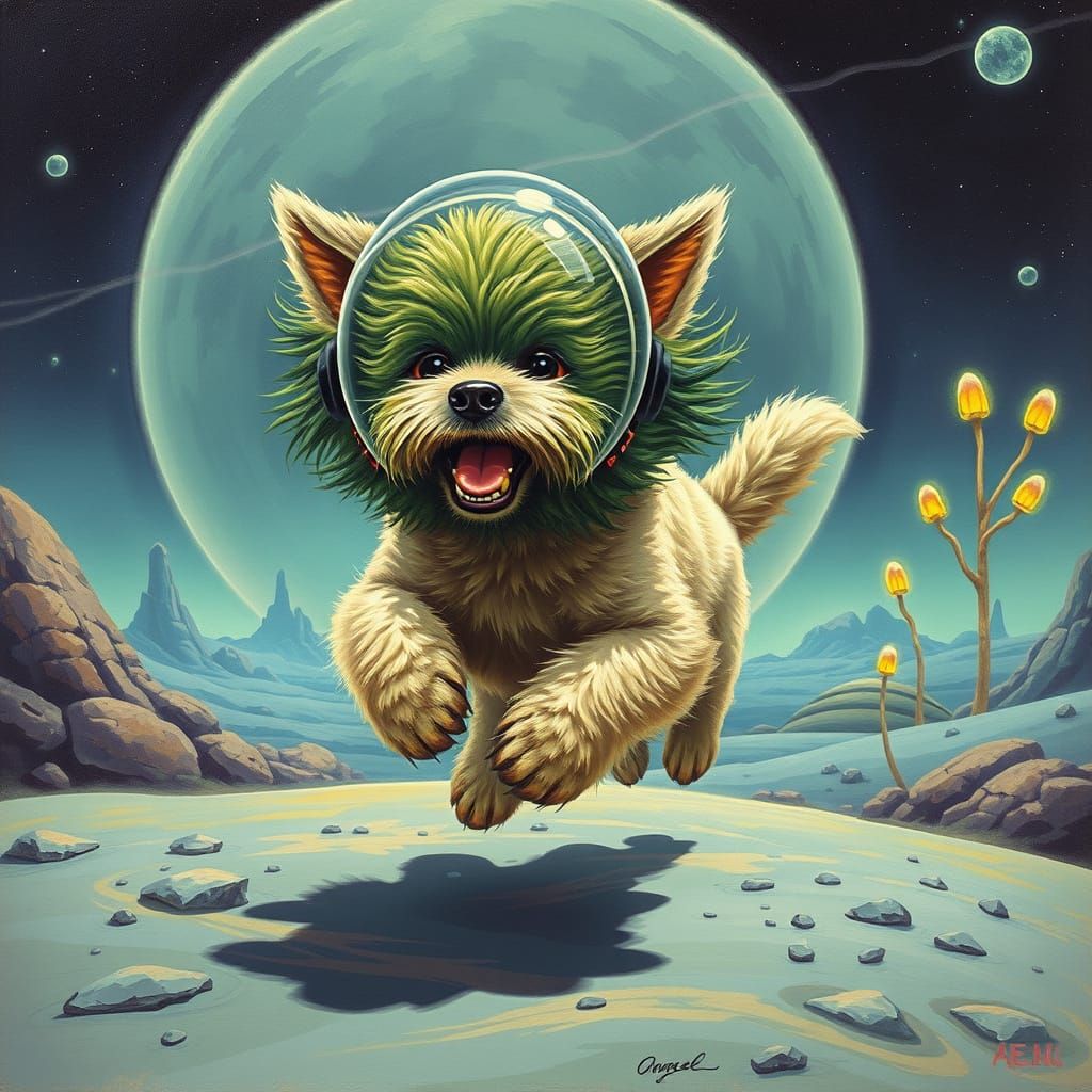 Retro Futurist Alien Canine in Cosmic Wonderland