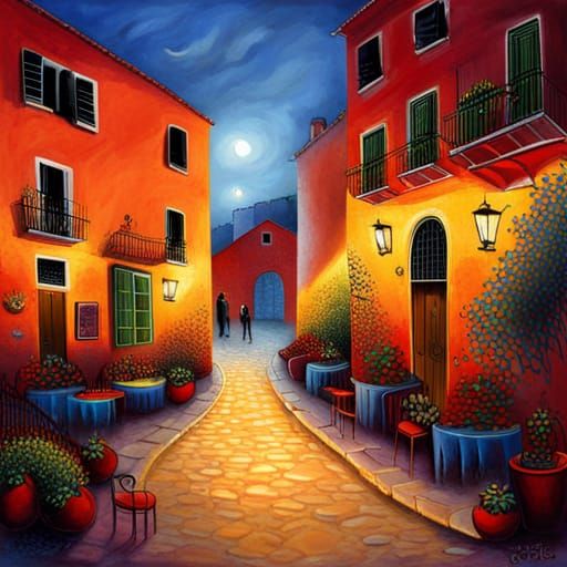 Spanish Courtyard with Flower Pots at Golden Hour