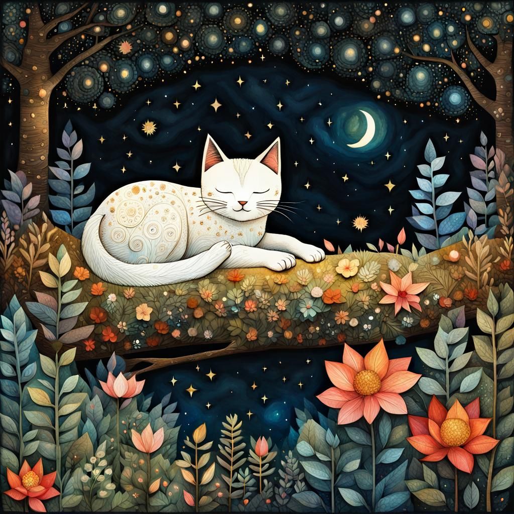 Cute Cat Napping in Forest, Whimsical 3D Art