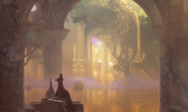 Mystical Night Cave Temple in Grisaille Style