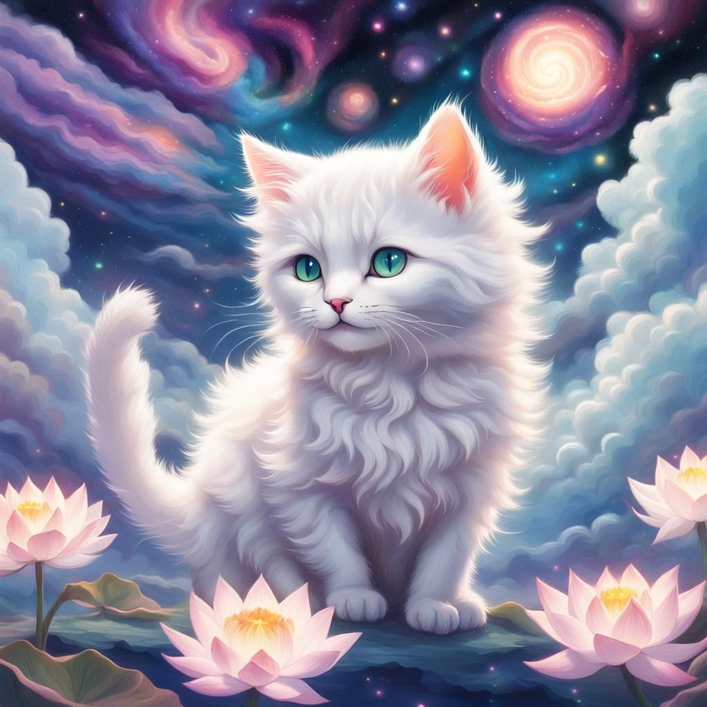 Iridescent Cat in Dreamlike Celestial Realm