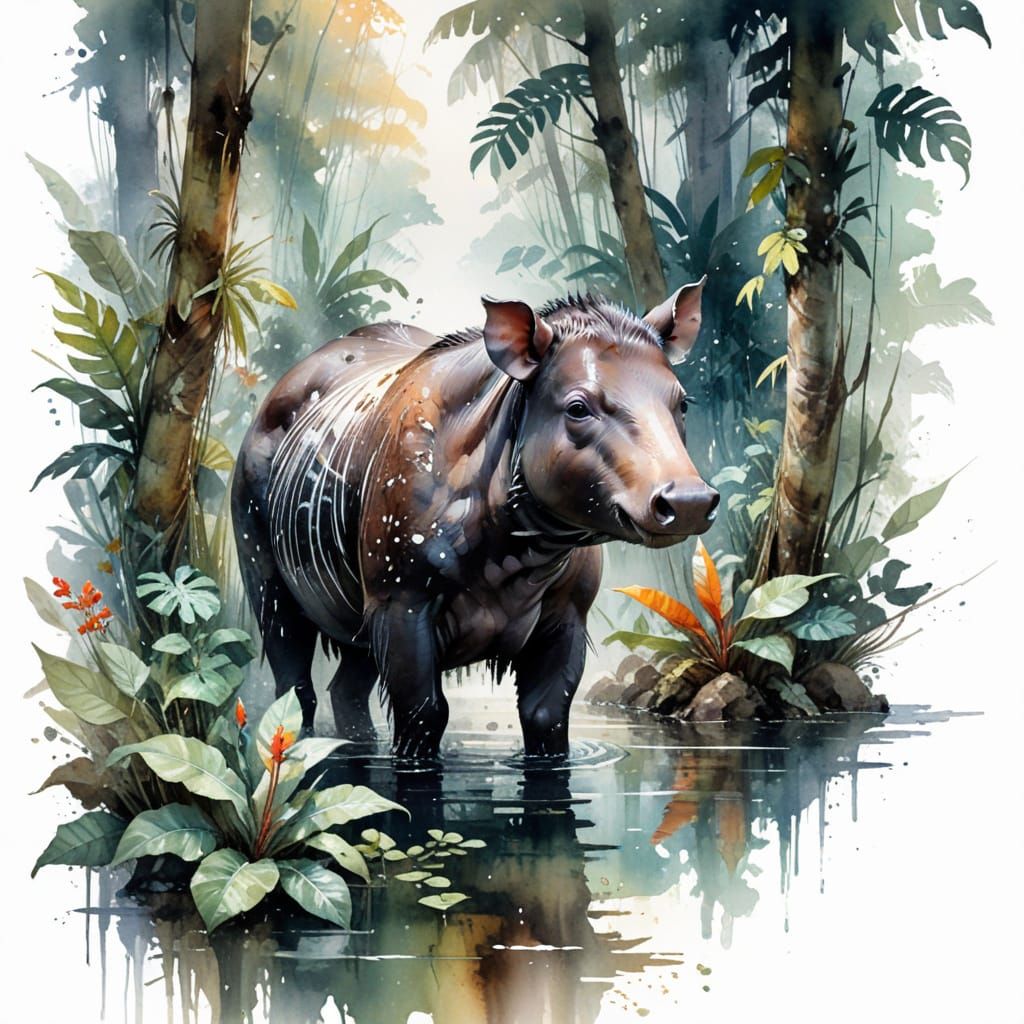 Baird's Tapir in Misty Jungle Stream