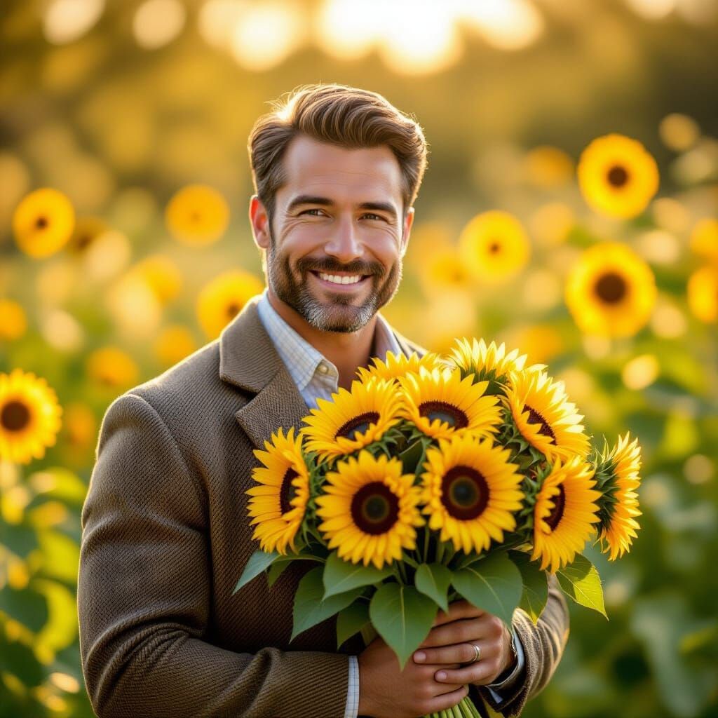 Handsome Man with Sunflowers in Impressionist Garden
