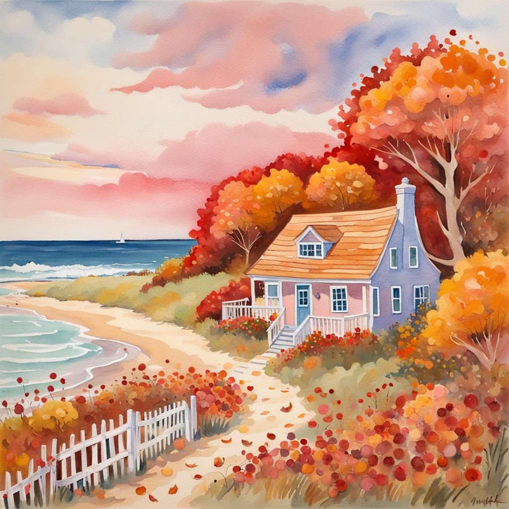 Autumn Beach Cottage in Gouache Style