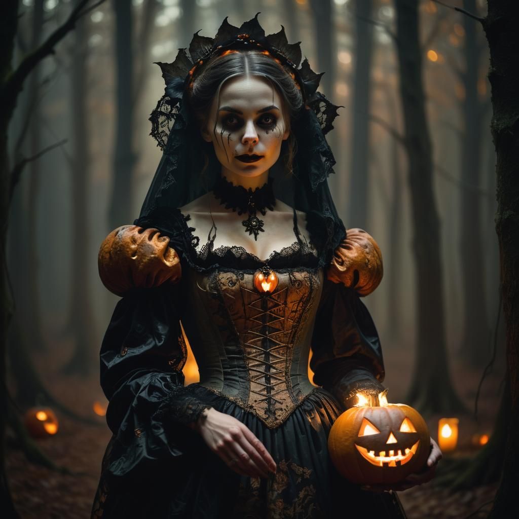 Gothic Portrait of Woman with Jack-o'-Lantern Head