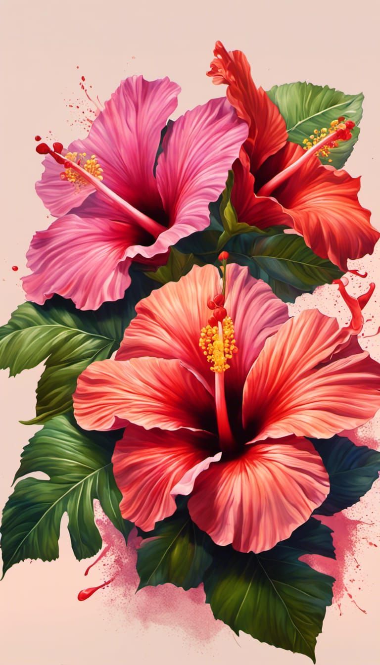 Hyperrealistic Hibiscus Flowers in Splash Art Style